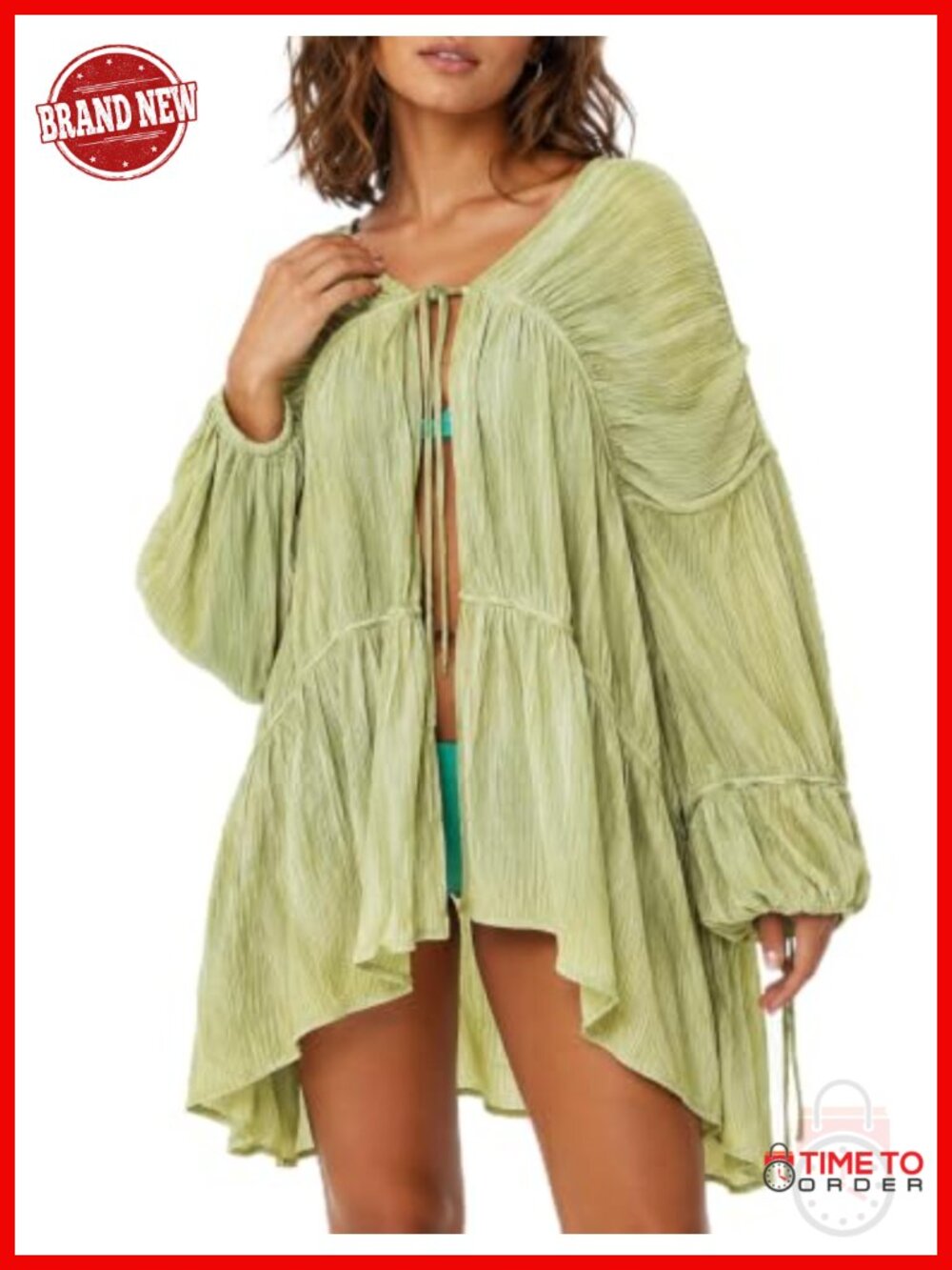 Womens Swimsuit Coverup Kimono Sheer Pleated Duster Tie-Front